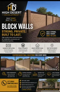 High Desert Development block walls sheet advertising residential, commercial, decorative and retaining wall construction, with block wall solutions built for privacy, security and property value.