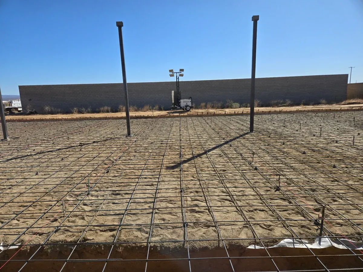 Reinforced concrete foundation layout prepared with steel rebar