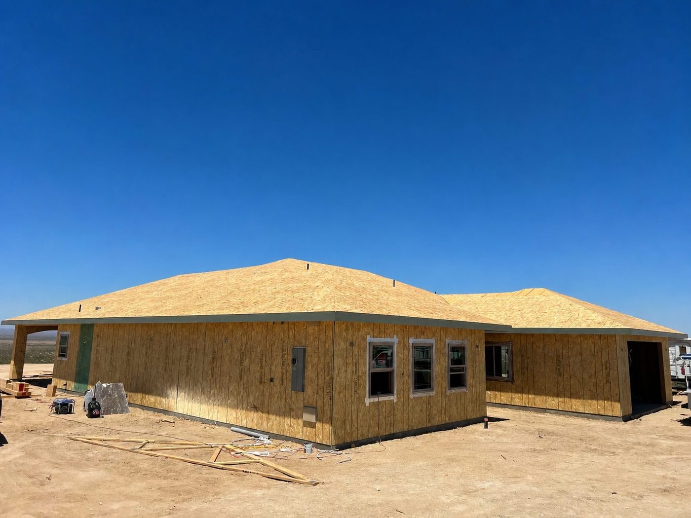 Custom home under construction with completed wall and roof sheathing and installed windows