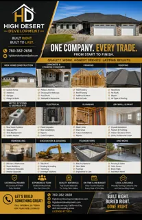 High Desert Development every trade sheet showing residential and commercial construction capabilities from start to finish, covering concrete and stamped concrete, framing, roofing, electrical, plumbing, drywall and paint, remodeling, excavation and grading, foundations and more.