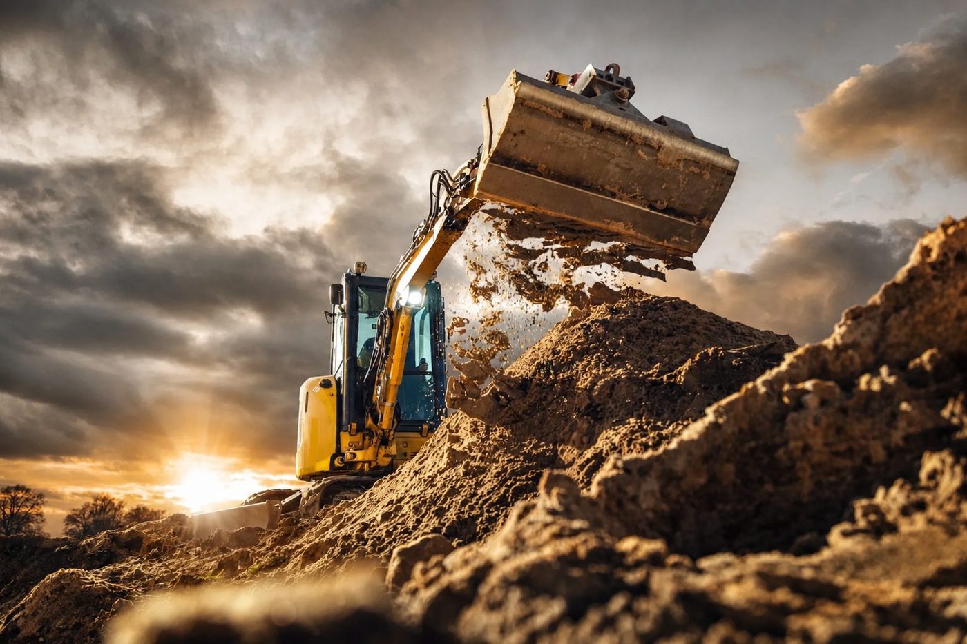 Excavator moving earth at a construction site