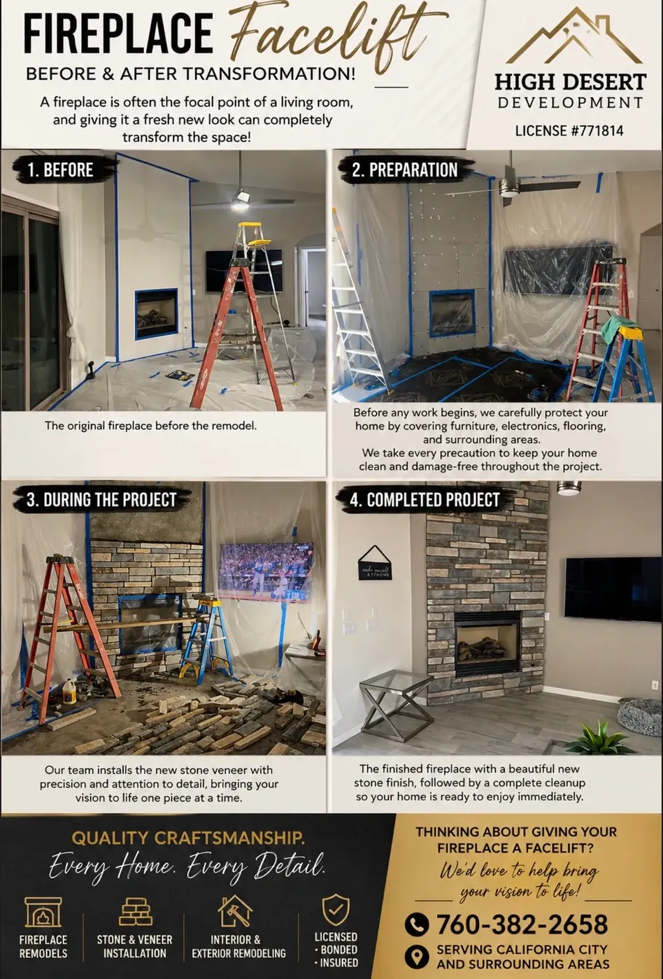 Fireplace makeover showing stages of a custom interior remodeling project