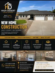 High Desert Development new home construction sheet advertising custom residential building, quality materials, on-time delivery and homes built to last.