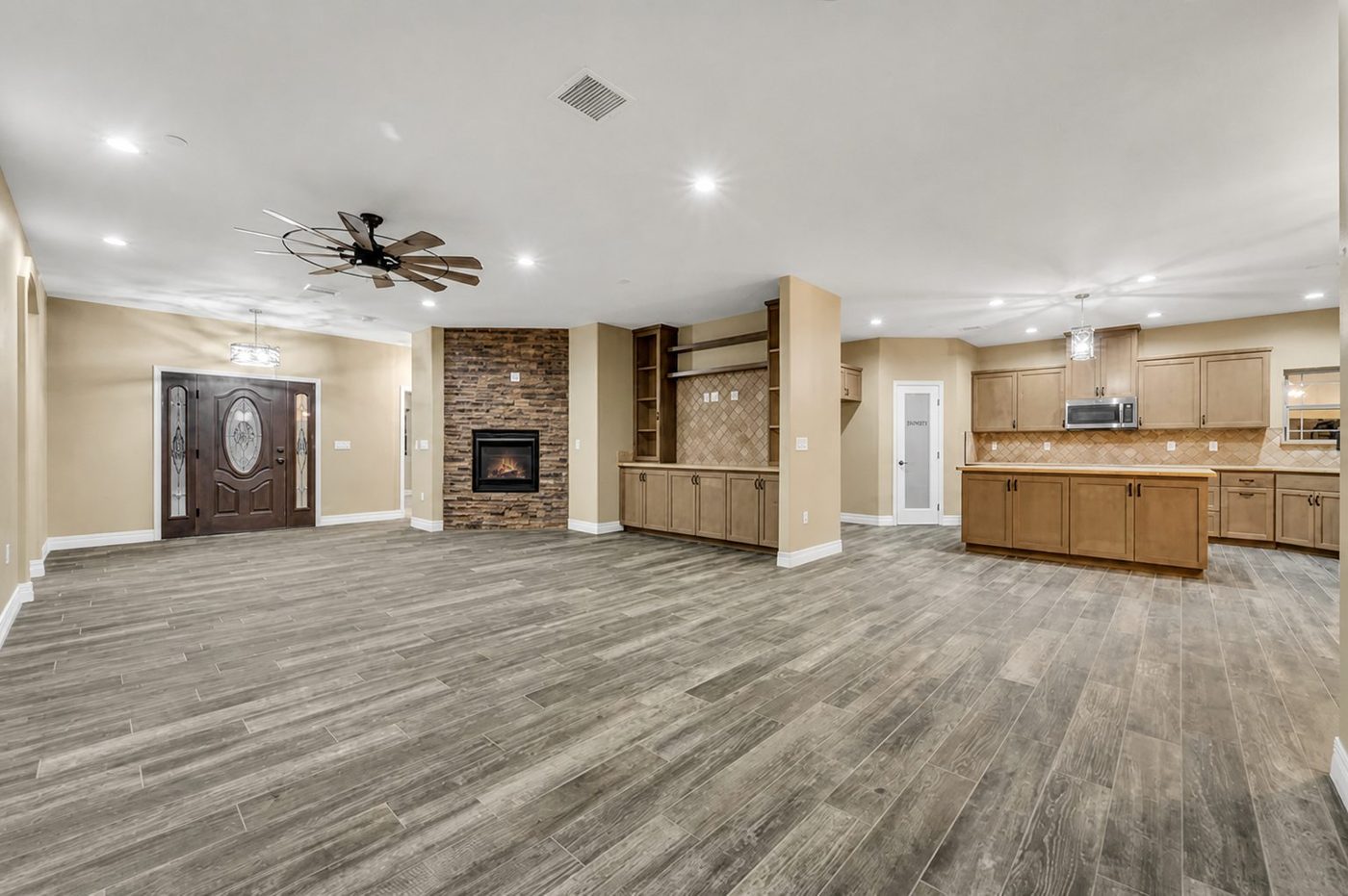 Open concept great room inside a completed custom home