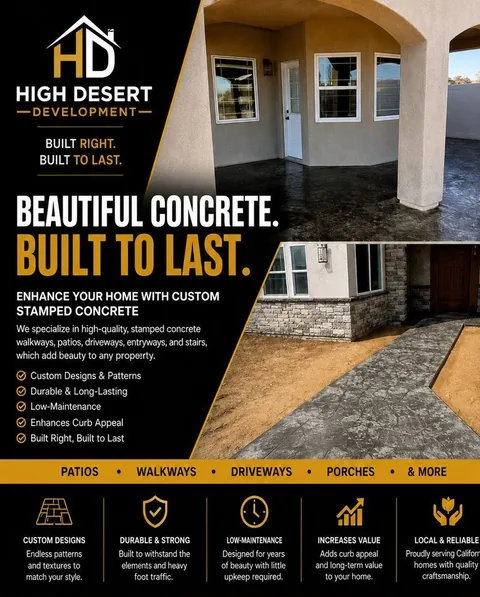 High Desert Development stamped concrete sheet. Custom stamped concrete walkways, patios, driveways, entryways and stairs, with custom designs and patterns built to last and to add curb appeal.