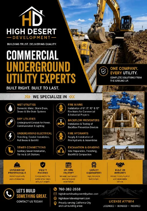 High Desert Development commercial underground utility experts sheet listing wet and dry utilities, underground electrical, sewer connections, fire mains, fire hydrants, backflow preventers, and excavation and grading. Licensed, bonded and insured. California Contractor License 771814.
